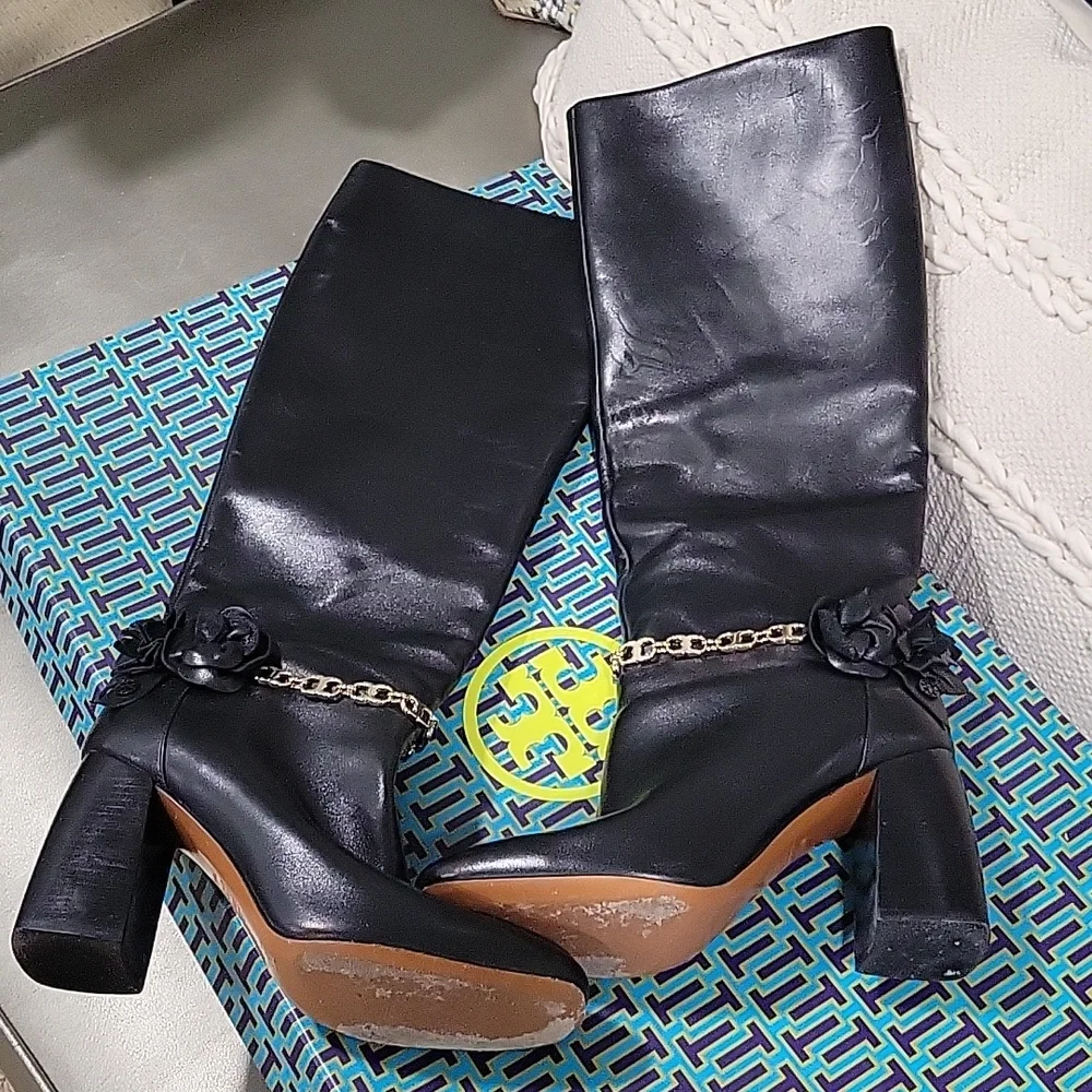 Tory Burch Black Blossom Block Heel Boots Tall Knee High Shoes - Picture 5 of 10